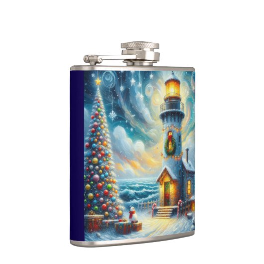 Kerstboom Vuurtoren Nautische Kust Blauw Heupfles (Rechts)