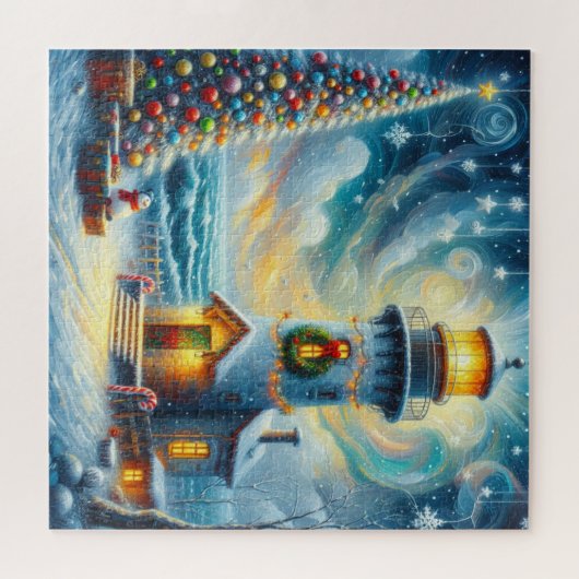 Kerstboom Vuurtoren Nautische Kust Blauw Legpuzzel (Horizontaal)