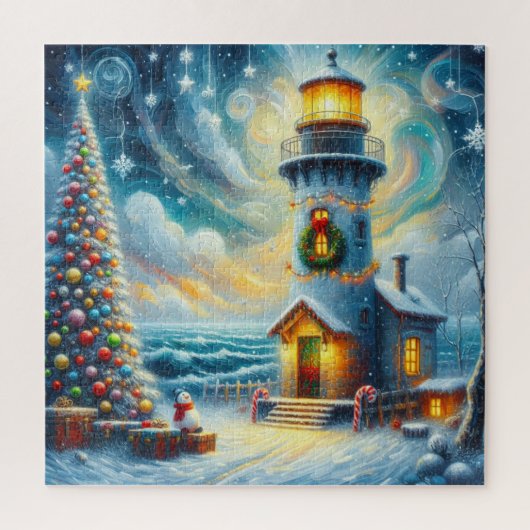 Kerstboom Vuurtoren Nautische Kust Blauw Legpuzzel (Verticaal)