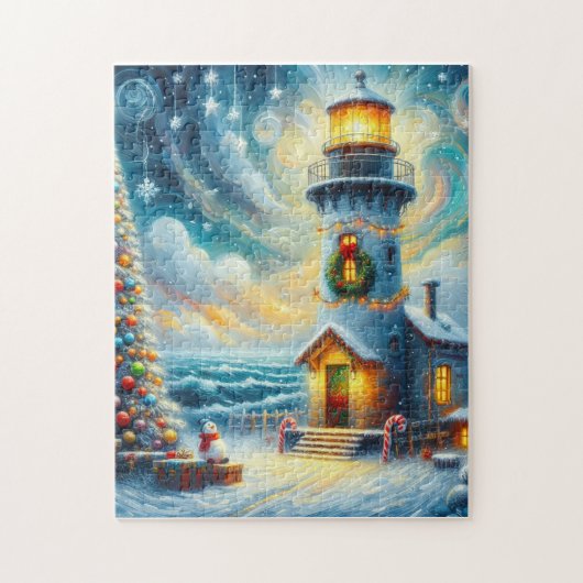 Kerstboom Vuurtoren Nautische Kust Blauw Legpuzzel (Verticaal)