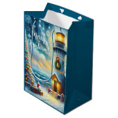 Kerstboom Vuurtoren Nautische Kust Blauw Medium Cadeauzakje (Voorkant Gekanteld)