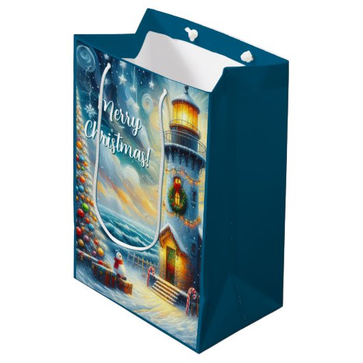Kerstboom Vuurtoren Nautische Kust Blauw Medium Cadeauzakje (Voorkant Gekanteld)