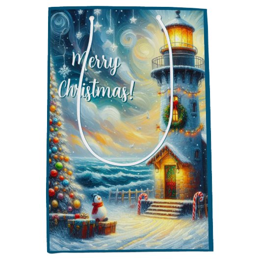 Kerstboom Vuurtoren Nautische Kust Blauw Medium Cadeauzakje (Voorkant)