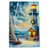Kerstboom Vuurtoren Nautische Kust Blauw Medium Cadeauzakje (Voorkant)