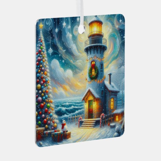 Kerstboom Vuurtoren Nautische Kust Blauw Metalen Ornament (Voorkant Rechts)
