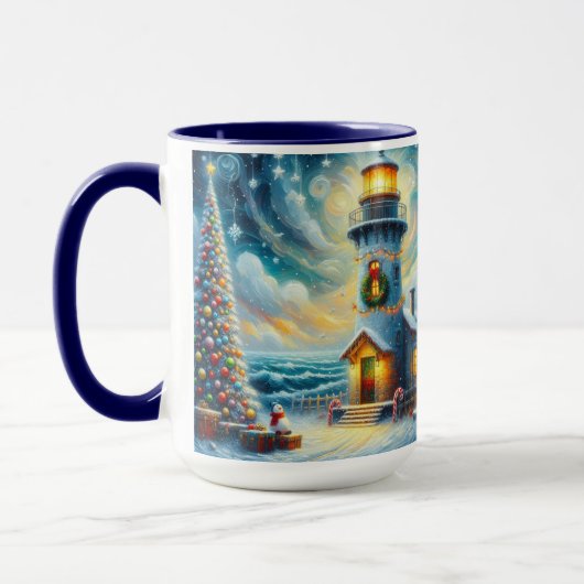 Kerstboom Vuurtoren Nautische Kust Blauw Mok (Links)