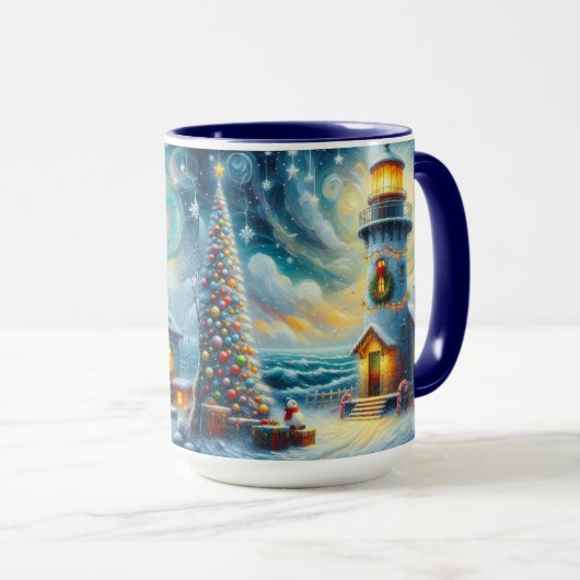 Kerstboom Vuurtoren Nautische Kust Blauw Mok (Voorkant rechts)