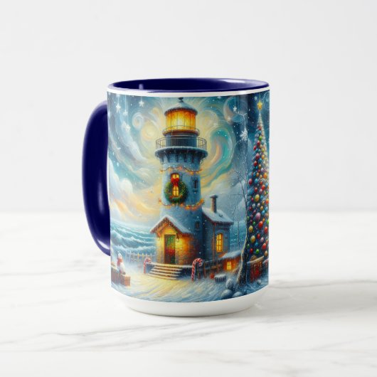 Kerstboom Vuurtoren Nautische Kust Blauw Mok (Voorkant links)