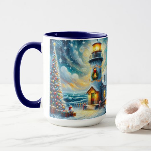 Kerstboom Vuurtoren Nautische Kust Blauw Mok (Met donut)