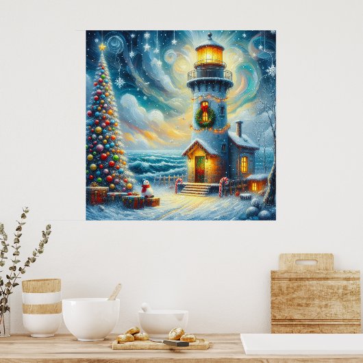 Kerstboom Vuurtoren Nautische Kust Blauw Poster (Keuken)