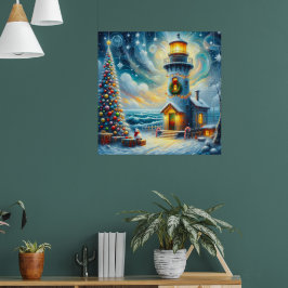 Kerstboom Vuurtoren Nautische Kust Blauw Poster