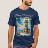 Kerstboom Vuurtoren Nautische Kust Blauw T-shirt (Voorkant)