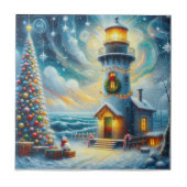 Kerstboom Vuurtoren Nautische Kust Blauw Tegeltje (Voorkant)