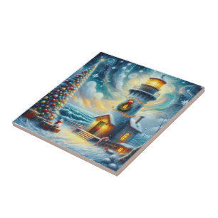 Kerstboom Vuurtoren Nautische Kust Blauw Tegeltje