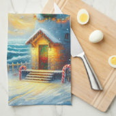 Kerstboom Vuurtoren Nautische Kust Blauw Theedoek (Quarter Fold)