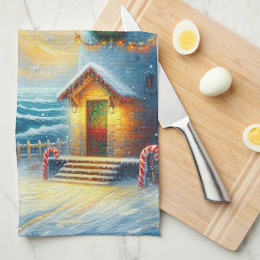 Kerstboom Vuurtoren Nautische Kust Blauw Theedoek (Quarter Fold)