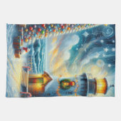 Kerstboom Vuurtoren Nautische Kust Blauw Theedoek (Horizontaal)