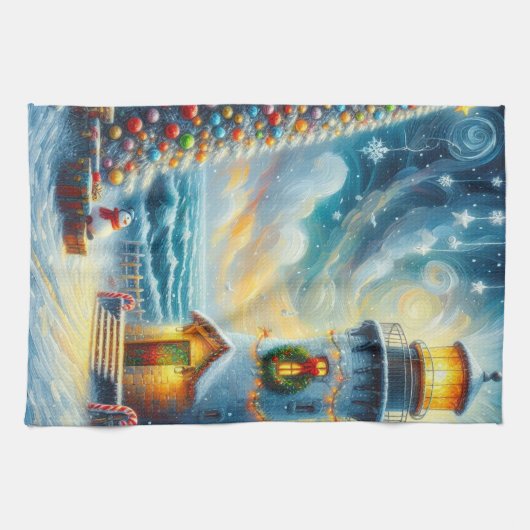 Kerstboom Vuurtoren Nautische Kust Blauw Theedoek (Horizontaal)