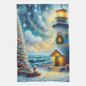 Kerstboom Vuurtoren Nautische Kust Blauw Theedoek (Verticaal)