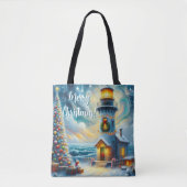 Kerstboom Vuurtoren Nautische Kust Blauw Tote Bag (Voorkant)