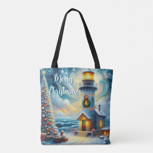 Kerstboom Vuurtoren Nautische Kust Blauw Tote Bag (Achterkant)