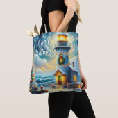 Kerstboom Vuurtoren Nautische Kust Blauw Tote Bag (Dichtbij)