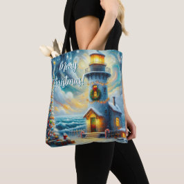 Kerstboom Vuurtoren Nautische Kust Blauw Tote Bag