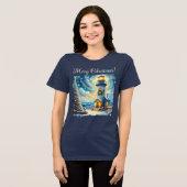 Kerstboom Vuurtoren Nautische Kust Blauw Tri-Blend Shirt (Voorkant volledig)