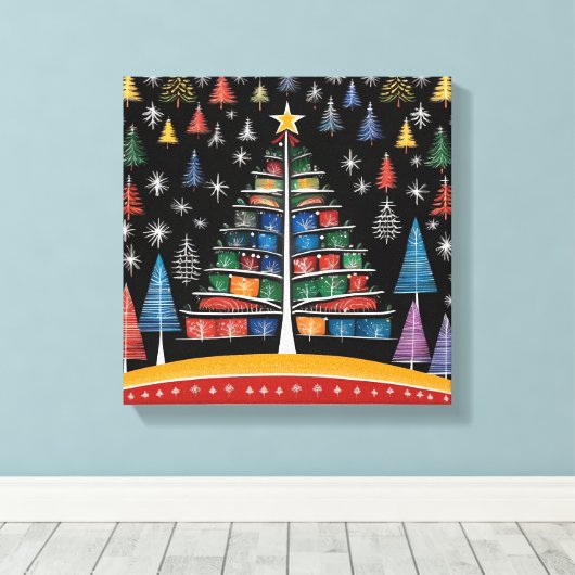 Kerstboom Warli Art Stretched Canvas Print (Insitu (Houten vloer))