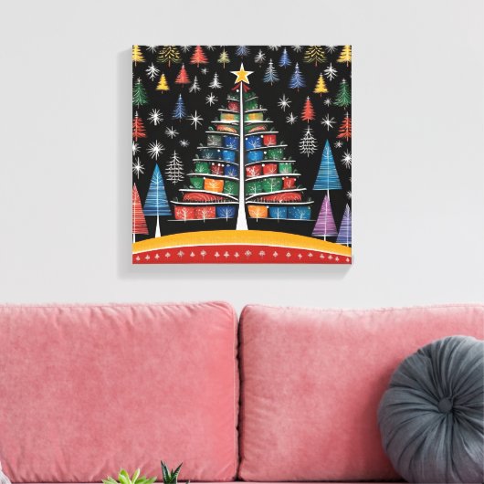 Kerstboom Warli Art Stretched Canvas Print (Insitu (Woonkamer))