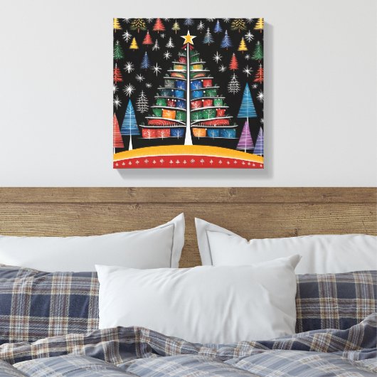 Kerstboom Warli Art Stretched Canvas Print (Insitu (Slaapkamer))