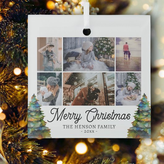 Kerstboom Waterverf Familie 6 Foto Collage Glas Ornament