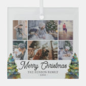 Kerstboom Waterverf Familie 6 Foto Collage Glas Ornament (Voorkant)