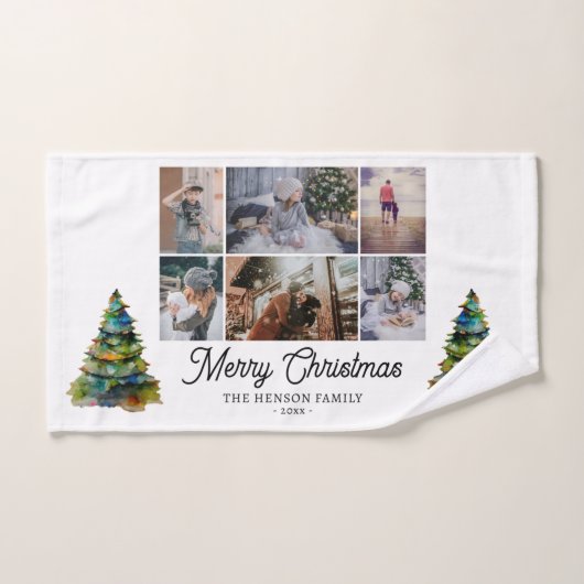 Kerstboom Waterverf Familie 6 Foto Collage Handdoek (Handdoek)