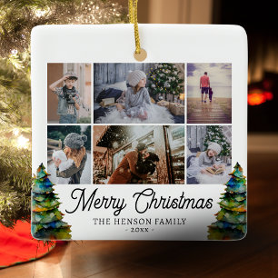 Kerstboom Waterverf Familie 6 Foto Collage Keramisch Ornament