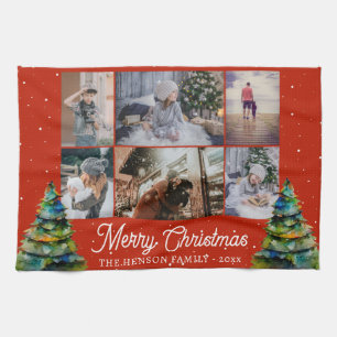 Kerstboom Waterverf Familie 6 Foto Collage Theedoek