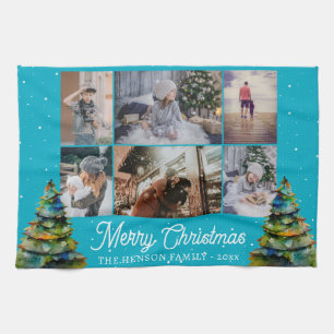 Kerstboom Waterverf Familie 6 Foto Collage Theedoek