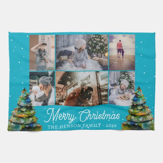 Kerstboom Waterverf Familie 6 Foto Collage Theedoek (Horizontaal)