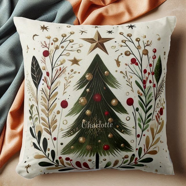 Kerstboom Waterverf Groene Krans Gold Star Kussen (Christmas Tree Watercolor Green Wreath Gold Star Throw Pillow)