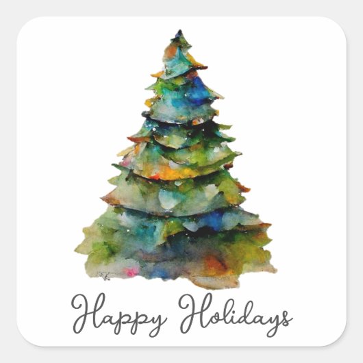Kerstboom Waterverf Pine Happy Holiday Vierkante Sticker (Voorkant)