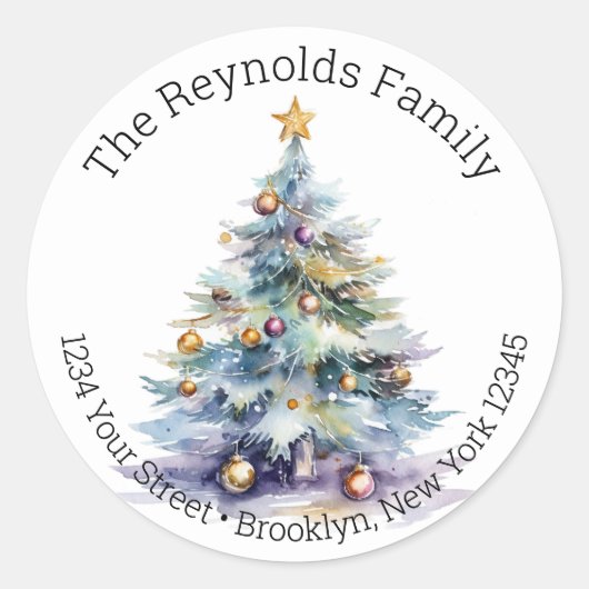 Kerstboom - Waterverf retour adreslabels Ronde Sticker (Voorkant)
