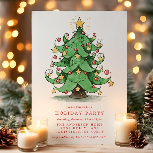 Kerstboom Waterverf Whimsical Holiday Party Kaart