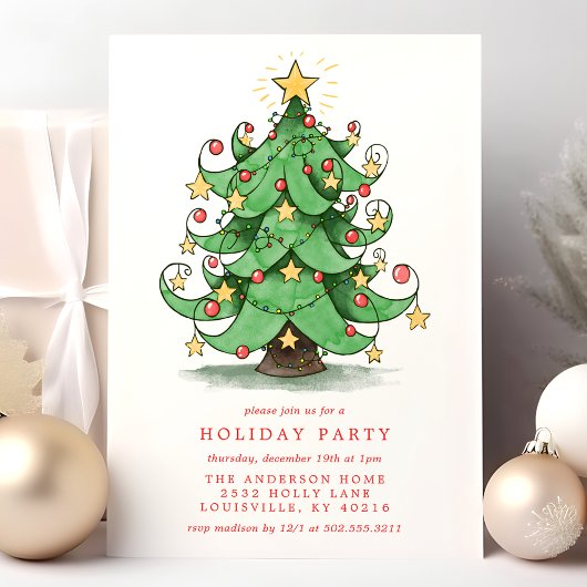 Kerstboom Waterverf Whimsical Holiday Party Kaart