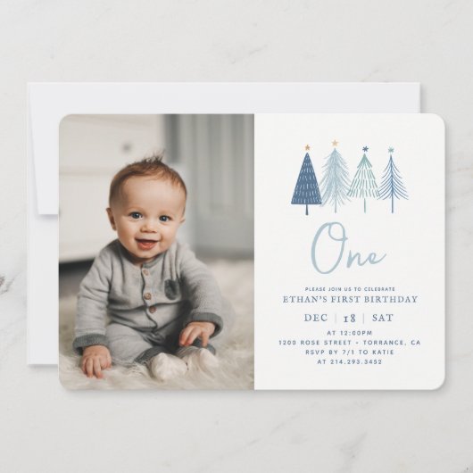 Kerstboom Winter Jongen 1e Verjaardag Foto Kaart (Voorkant)