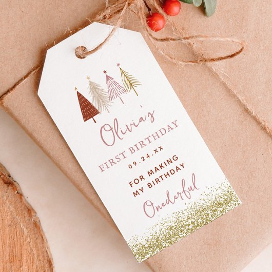 Kerstboom Winter Meisje 1e Verjaardag Bedankt Cadeaulabel