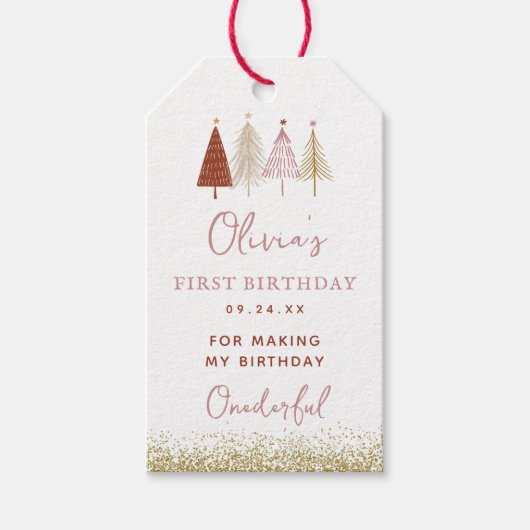 Kerstboom Winter Meisje 1ste verjaardag Dank je we Cadeaulabel (Voorkant)