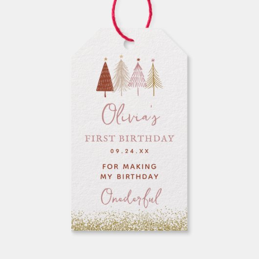 Kerstboom Winter Meisje 1ste verjaardag Dank je we Cadeaulabel (Achterkant)