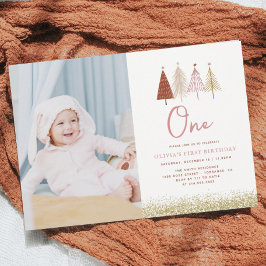 Kerstboom Winter Meisje 1ste verjaardag Foto Kaart