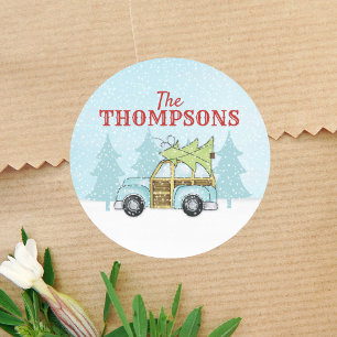 Kerstboom Winterlandschap Vintage Auto Cute Ronde Sticker