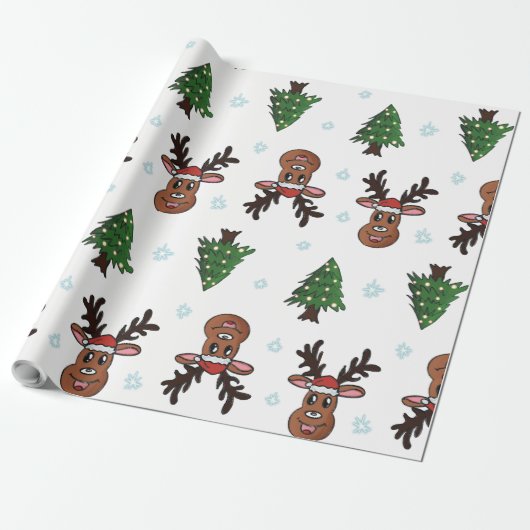 Kerstboom winterrendier Santa Hat Snowflake Cadeaupapier (Uitgerold)